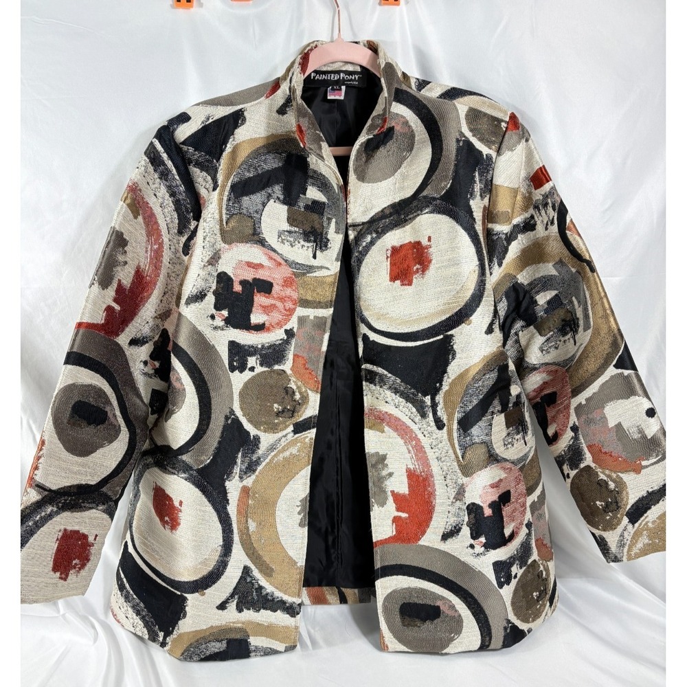 PAINTED PONY XL Cream Black Gold Open Front Jacket Art to Wear Abstract Metallic